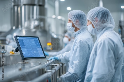 A clean food processing plant with staff in protective clothing An AI screen is monitoring hygiene compliance The mood feels safe and well managed, Generative AI