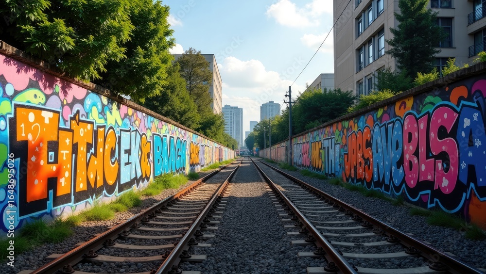 Fototapeta premium Graffiti-covered wall alongside train tracks under a bright sky.