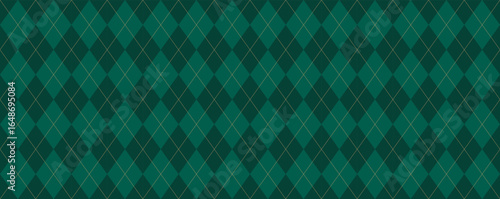 Christmas rhombus seamless pattern. Xmas plaid texture with gold line. Green argyle geometric diamond abstract pattern. Christmas design wrapping. Vector illustration isolated on green background.