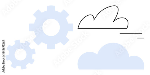 Minimalist design with clouds, two gears, and dynamic lines emphasizing connectivity, innovation, and efficiency. Ideal for technology, workflow, cloud computing, productivity automation software