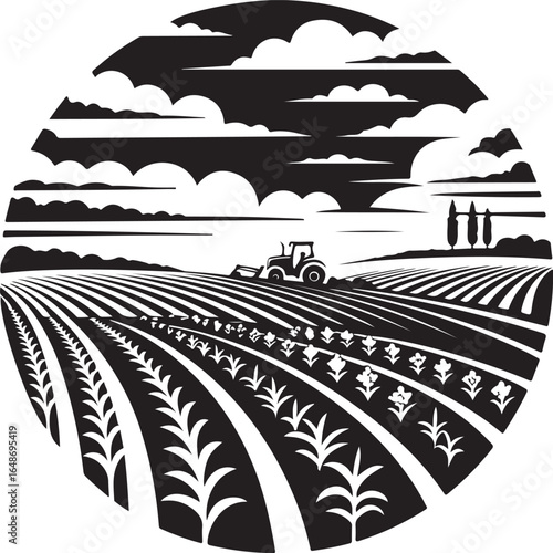Farmer cultivates rich fields with tractor under dramatic sky