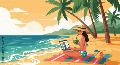 Concept of a digital nomad lifestyle, a young woman enjoying her remote job from a sunny tropical island beach with her laptop