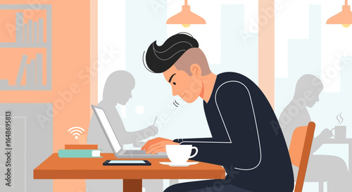 Man with Bad Posture Working on Laptop in Coffee Shop