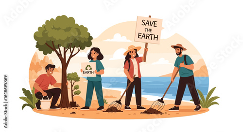 People Working Together to Save the Earth Planting, Cleaning, and Environmental Activism