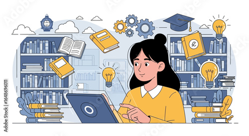 Concept of online education and e-learning, with a female student using a tablet to access a digital library and gain knowledge.