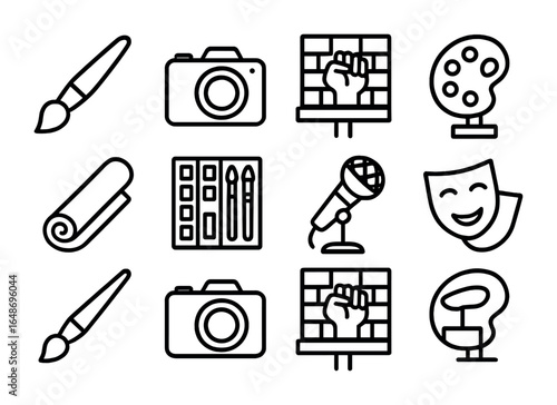 Creative Advocacy Icons. Outline icon set of advocacy through art: paintbrush, camera, protest mural, creative