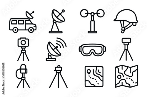 Storm Chaser Gear Icons. Outline icon set of storm chaser gear: weather van, radar dish, wind meter, safety