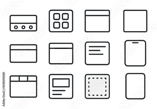 App Interface Icon Set. Outline icon set of app interface layouts: navigation bar, button grid, content