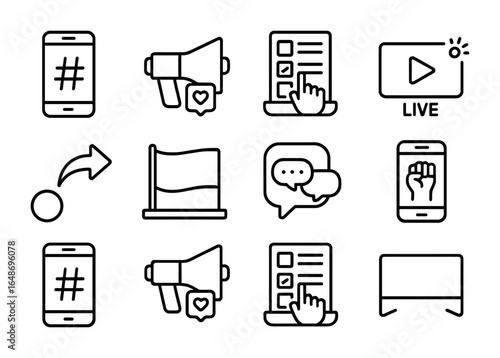 Digital Activism Icons. Outline icon set of digital activism: smartphone with hashtag, social media megaphone,