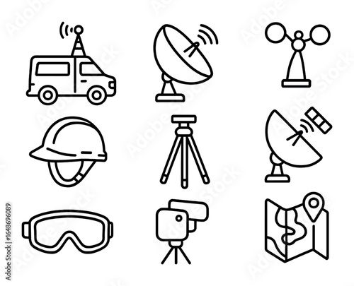 Storm Chaser Gear Icons. Outline icon set of storm chaser gear: weather van, radar dish, wind meter, safety