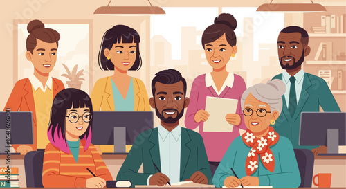 Diverse and multigenerational team collaborates effectively in a modern office, symbolizing inclusion, teamwork, and professional success in a welcoming business environment.