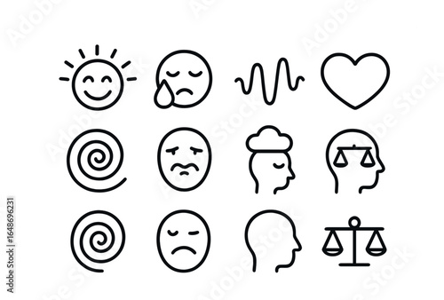 Psychological Emotions Icons. Outline icon set of psychological emotion states: joy icon, grief symbol,