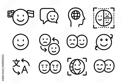 Cross-Cultural Emotion Icons. Outline icon set of cross-cultural emotional cues: face with flags, language