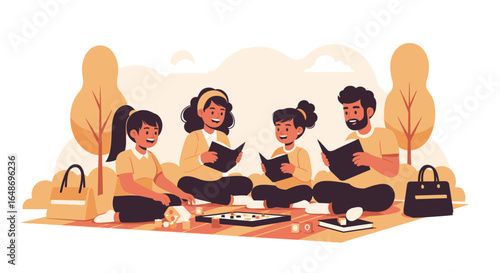 Happy cartoon family enjoying a picnic and reading books together in the park. Concept of quality time, education, and outdoor leisure.