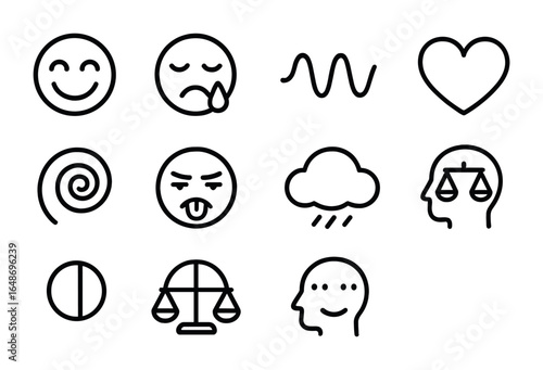 Psychological Emotions Icons. Outline icon set of psychological emotion states: joy icon, grief symbol,