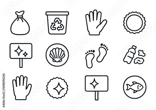 Beach Clean-Up Icons. Outline icon set of beach clean-up and care: trash bag, recycling bin, glove hand,