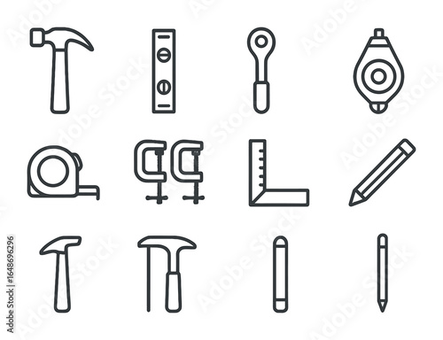 Construction Toolkit Icons. Outline icon set of construction toolkit items: hammer, level, socket wrench,