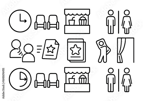 Theater Intermission Icons. Outline icon set of theater intermission: clock countdown, lounge chairs,