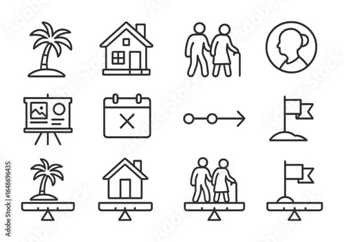 Retirement Goal Icons. Outline icon set of retirement goal visualization: palm tree icon, dream home, couple