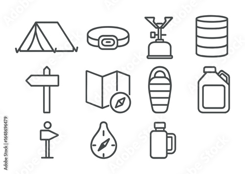 Camping Gear Icons. Outline icon set of backcountry camping essentials: tent icon, headlamp, portable stove,