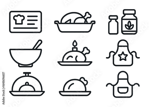Festive Dinner Icons. Outline icon set of festive dinner preparation: recipe card, roasting pan, spice jar,