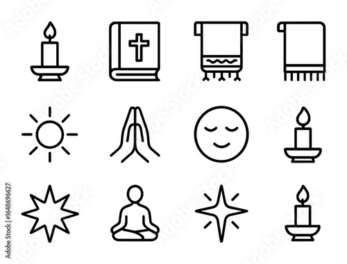 Spiritual Holiday Icons. Outline icon set of spiritual holiday observance: altar candle, prayer book, festive
