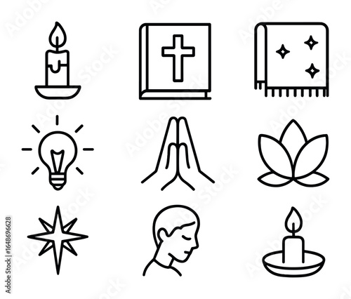Spiritual Holiday Icons. Outline icon set of spiritual holiday observance: altar candle, prayer book, festive