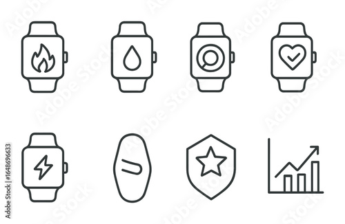 Fitness Wearables Icons. Outline icon set of fitness and wellness wearables: calorie tracker, hydration