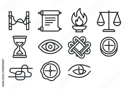 Ancient Prophecy Icons. Outline icon set of ancient prophecy and fate: fate thread, scroll icon, oracle flame,