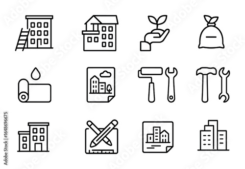 Urban Retrofit Icons. Outline icon set of retrofitting urban buildings: ladder access, roof extension, soil