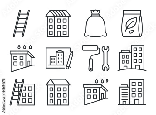 Urban Retrofit Icons. Outline icon set of retrofitting urban buildings: ladder access, roof extension, soil