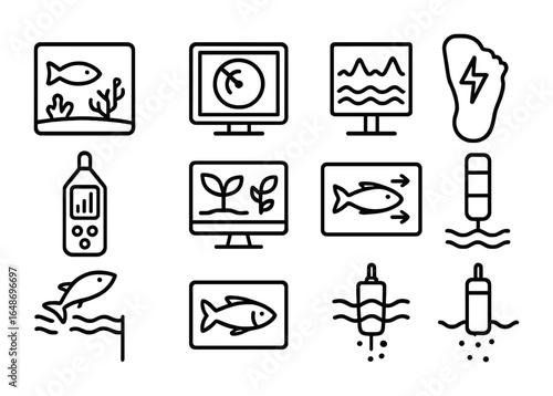 Environmental Impact Icons. Outline icon set of environmental impact tools: marine habitat icon, seabed scan,