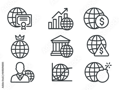 Global Bond Icon Set. Outline icon set of global bond markets: globe with bonds, emerging markets icon,