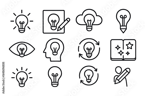 Innovation Icon Set. Outline icon set of innovation and inspiration: lightbulb with rays, pen on idea card,