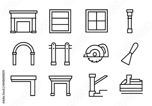 Custom Wood Icon Set. Outline icon set of custom wood installations: fireplace mantle, built-in shelf, window