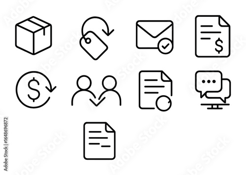 E-commerce Policy Icons. Outline icon set of e-commerce policies: package with arrow, return label, email