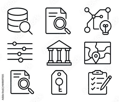Patent Search Tools Icons. Outline icon set of patent searching tools: database search, magnifier over