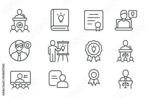 Educational Icon Set. Outline icon set of IP education and training: seminar podium, training manual,