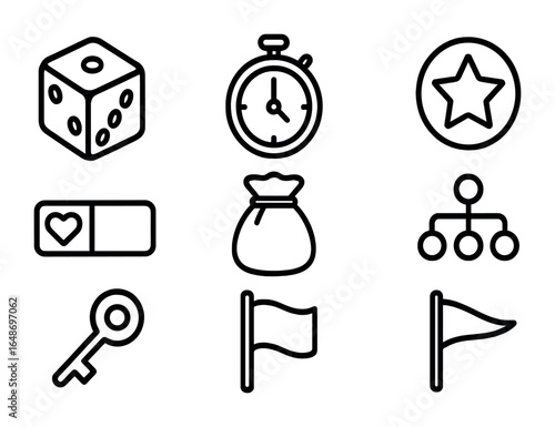 Game Mechanic Icons. Outline icon set of game mechanics: dice, timer, power-up, health bar, inventory bag,