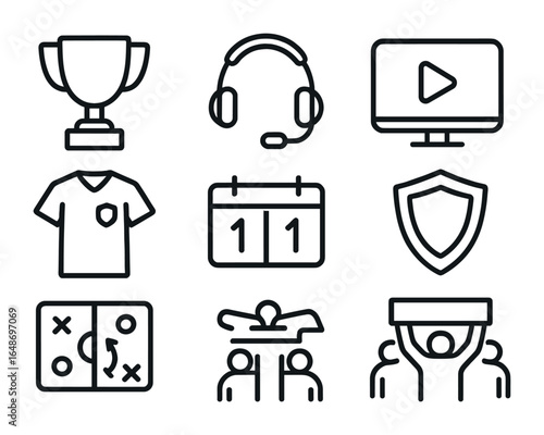 Esports Icons Grid. Outline icon set of esports and competitive gaming: trophy cup, headset mic, live stream,