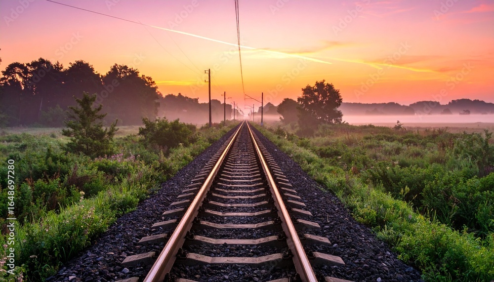 Obraz premium Railroad tracks stretching into vibrant sunrise, flanked by lush greenery and misty horizon.
