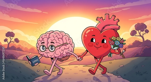 Whimsical depiction of heart and brain walking together under a sunset expressing balance