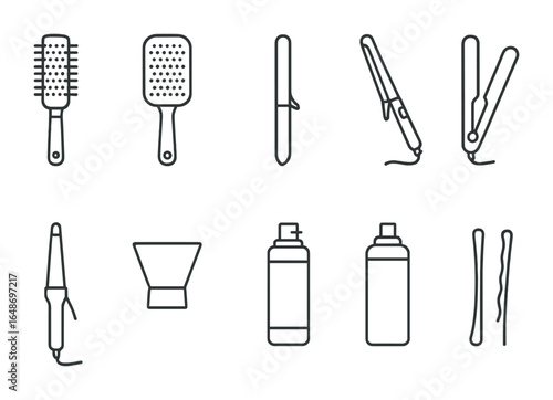 Hairstyling Tool Icons. Outline icon set of hairstyling tools: round brush, paddle brush, fine-tooth comb,