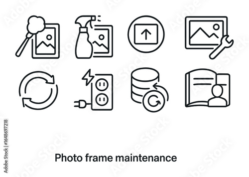 Photo Frame Maintenance Icons. Outline icon set of photo frame maintenance: dust brush, cleaning spray,