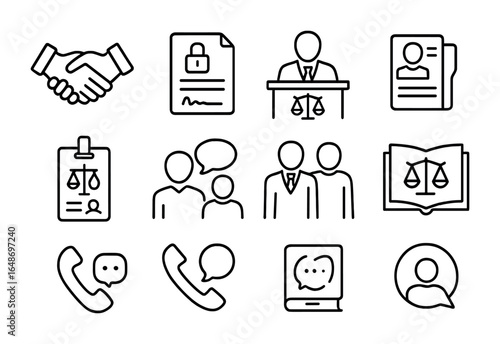 Lawyer-Client Icon Set. Outline icon set of lawyer-client relationship: trust handshake, confidentiality