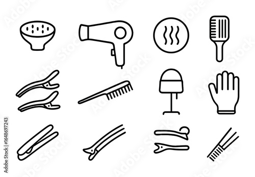 Hair Styling Icons. Outline icon set of hair drying and styling: diffuser attachment, blow dryer, heat