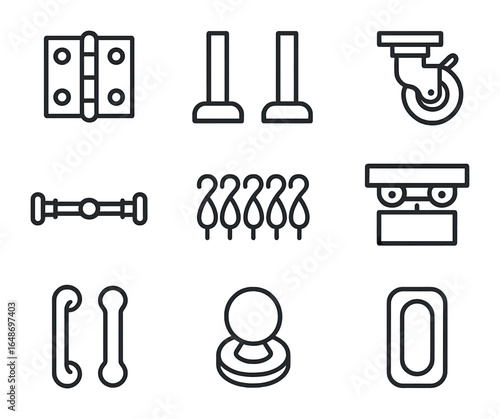 Room Divider Icons. Outline icon set of room divider accessories: hinges, feet stands, locking wheels, tension