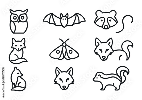 Nocturnal Animals Icons. Outline icon set of nocturnal animals: owl, bat, raccoon, possum, fox, moth, wolf,