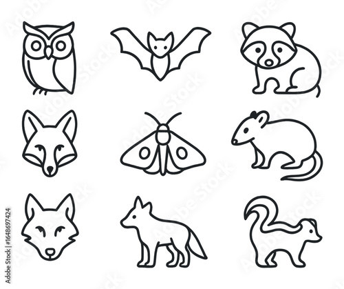 Nocturnal Animals Icons. Outline icon set of nocturnal animals: owl, bat, raccoon, possum, fox, moth, wolf,