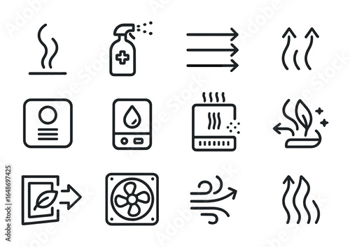 Kitchen Air Quality Icons. Outline icon set of kitchen air quality: smoke plume, odor neutralizer, airflow